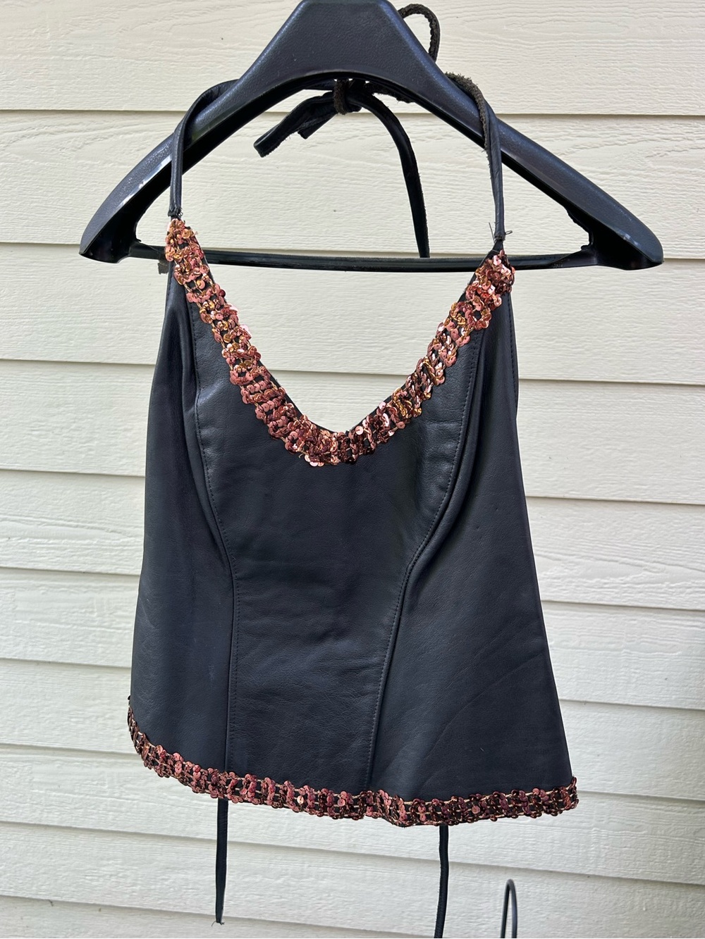 Black Leather tie top with sequin trim